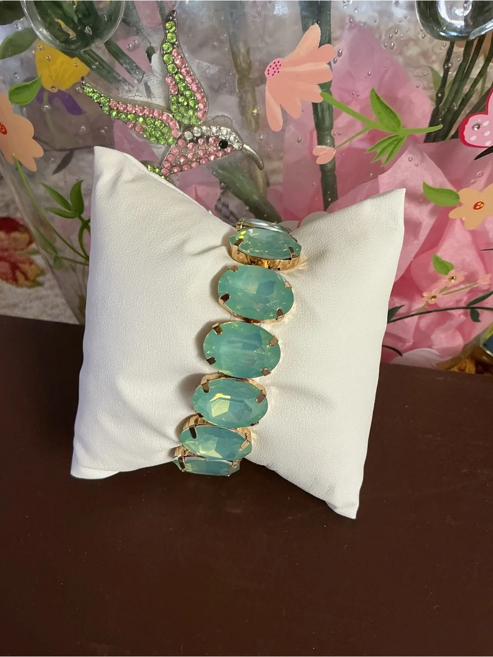 Gold-Tone Bracelet Watch with Aqua Green Faceted Stones - Women Accessories